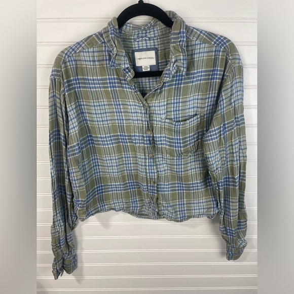 American Eagle Green & Blue Button Up Cropped Shirt Size Medium Girls EUC - Picture 8 of 10